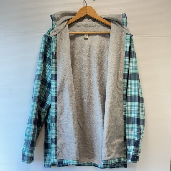 L.L. Bean Fleece-Lined Flannel Hoodie Women's Medium Blue Plaid Cotton Jacket - Picture 3 of 14